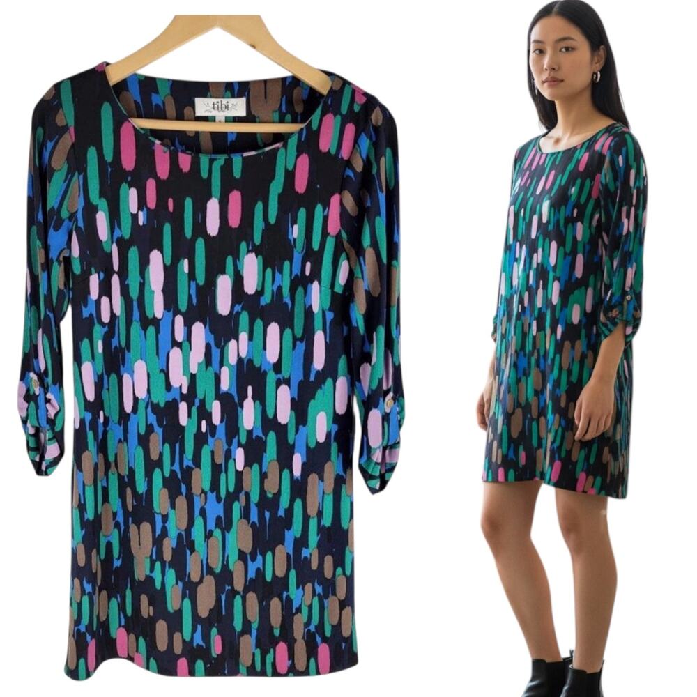Tibi Abstract Printed Mini Dress Roll Tab Sleeves Crew Neck Black Size S